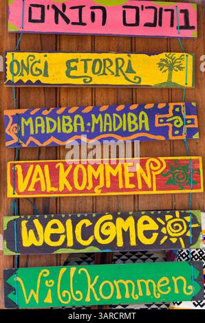 Salutation / Hello signes en bois écrits dans différentes langues Banque D'Images