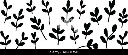 Collection de silhouettes de feuilles de feuillage noir dans un style dessiné à la main sur un fond blanc propre, représentant un concept botanique et naturel Illustration de Vecteur