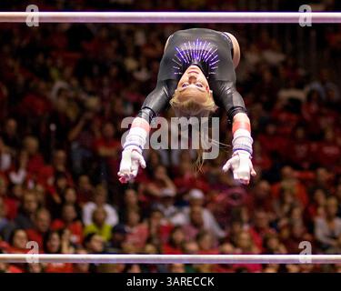 NCAA Div I Athletics : Utah Gymnastics vs Georgia, 22 janvier 2010. Jamie Deetscreek, gymnaste de l'Université de l'Utah, se produit dans les bars lors d'une rencontre de gymnastique de la NCAA entre les Red Rocks de l'Université de l'Utah et les GymDawgs de l'Université de Géorgie au Jon M. Huntsman Center à Salt Lake City, Utah. L'Utah a gagné la rencontre avec un score de 196,550 - 196.500.(image crédit : © Russ Isabella/Cal Sport Media/ZUMApress.com) Banque D'Images