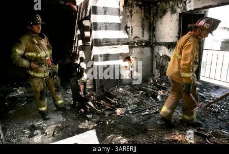 14 février 2010 - Spring Valley, CA, États-Unis - 14 février 2010 - SPRING VALLEY, CA - ingénieur incendie du district de San Miguel, Rich Durrell, à gauche, et le capitaine des pompiers Ron Quinlan, à droite, regardent l'intérieur d'un appartement de trois chambres au 9233 Kenwood Drive dans les villas Greenwood qui a été détruit par un incendie le dimanche 14 février 2010. Une personne aurait été blessée après avoir sauté du balcon du deuxième étage. La cause n'était pas immédiatement connue sur les lieux. Contactez San Miguel Fire pour plus d'informations. Photo de Howard Lipin/San Diego Union-Tribune) crédit photo obligatoire : HOWARD Lipin/San Diego ONU Banque D'Images