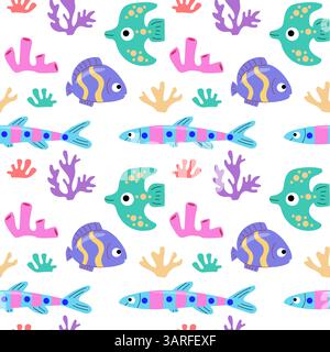 Un motif éclatant et ludique sans couture avec poissons colorés et récifs coralliens, parfait pour les motifs marins, les textiles et les produits pour enfants. Illustration de Vecteur