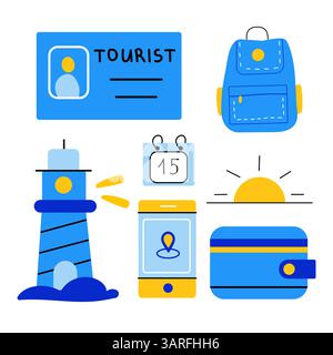 Ensemble d'icônes de tourisme, style vectoriel plat, essentiels de voyage, sac à dos, phare, calendrier, carte mobile, portefeuille, vacances d'été, icônes d'aventure, IU desi Illustration de Vecteur