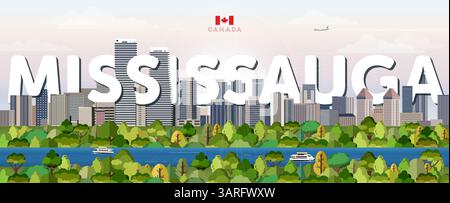 Illustration vectorielle colorée de paysage urbain de Mississauga avec le nom de la grande ville sur le fond. Affiche tendance de voyage Illustration de Vecteur