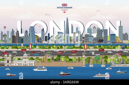 Illustration vectorielle colorée de paysage urbain de Londres avec le nom de la grande ville sur le fond. Affiche tendance de voyage Illustration de Vecteur