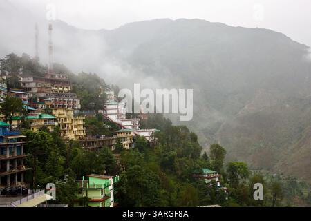 Vue sur la colline brumeuse de Dharamshala, avec une forêt dense et des bâtiments à plusieurs étages perchés sur des pentes abruptes au milieu des montagnes de Dhauladhar. Banque D'Images