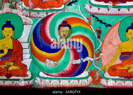Murale vive au monastère Thiksey représentant un mandala arc-en-ciel encerclant une tête de Bouddha, flanqué de bouddhas assis et de fidèles dévoués. Banque D'Images