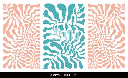 Ensemble d'affiches de fleurs abstraites. Arts muraux botaniques à la mode avec des plantes florales sauvages, feuille dans le style hippie. Décorations intérieures modernes naïves groovy funky, Illustration de Vecteur