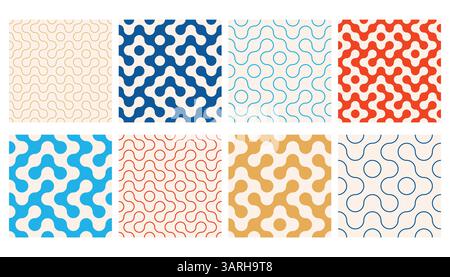 Truchet ligne mince et formes rondes remplies collection de motifs sans couture. Motifs mosaïques géométriques de style contemporain avec des lignes arrondies. Modern Tilt Mo Illustration de Vecteur