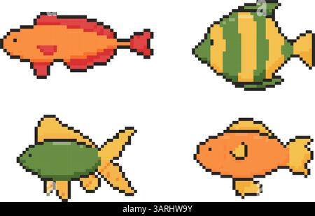 Jeu d'icônes de poisson d'aquarium. Objets Pixel art en style 8 bits. Illustration vectorielle isolée Illustration de Vecteur