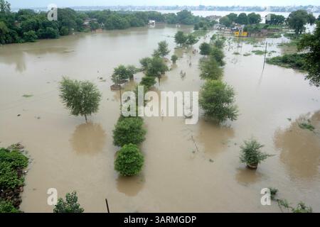 1er septembre 2013 - Varanasi, Uttar Pradesh, Inde - les inondations continuent d'augmenter dans l'Uttar Pradesh, où la situation est restée sombre, les fleuves enflées inondant des milliers de villages, faisant passer le nombre de morts à 280. Selon le rapport de la Commission centrale des eaux, le fleuve Ganga coule au-dessus de la marque rouge à Phaphamau, Mirzapur, Varanasi et Ballia. (Crédit image : © Prasanta Biswas/ZUMA Wire) Banque D'Images