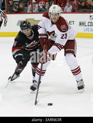 13 octobre 2013 - Raleigh, Caroline du Nord, États-Unis - Nathan Gerbe (14 ans) des Hurricanes de Caroline pèse Oliver Ekman-Larsson (23 ans) des Coyotes de Phoenix pendant la première période d'un match de la LNH au PNC Arena de Raleigh, Caroline du Nord, le dimanche 13 octobre 2013. (Crédit image : © Chris Seward/MCT/ZUMAPRESS.com) Banque D'Images