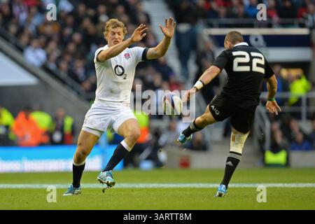 TWICKENHAM, ANGLETERRE - 16 NOVEMBRE : Billy Twelvetrees, anglais, tente de bloquer un coup de pied de Aaron Cruden, néo-zélandais, lors du match international de rugby à xv QBE entre l'Angleterre et la Nouvelle-Zélande joué au Twckenham Stadium, le 16 novembre 2013 à Twickenham, Angleterre. (Photo de Mitchell Gunn/ESPA)(image de crédit : © ESPA photo Agency/Cal Sport Media/ZUMAPRESS.com) Banque D'Images