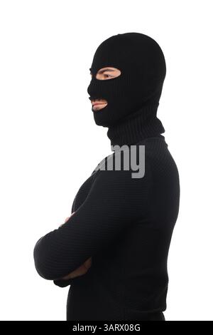 Jeune homme portant Balaclava sur fond blanc Banque D'Images