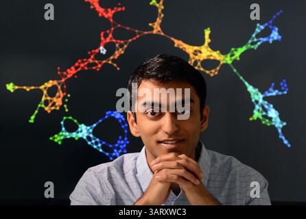 15 avril 2013 - Palo Alto, CA, États-Unis - Muthu Alagappan est devenu une figure culte dans le domaine croissant de l'analyse sportive. Travaillant à Ayasdi à Palo Alto, Californie, le 15 avril 2013, l'étudiant de Stanford montre une de ses intrigues topologiques avec des informations de joueurs de basket-ball NBA. (Crédit image : © Karl Mondon/MCT/ZUMAPRESS.com) Banque D'Images