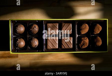 16 mai 2013 - Chicago, il, USA - Une sélection de chocolats au magasin Uzma Sharif, chocolat Uzma Sharif, le 16 mai 2013, à Chicago, Illinois. ''C'est le quartier des arts. Je suis entourée de créativité », a déclaré le diplômé de l'École française de pâtisserie. (Crédit image : © Alex Garcia/MCT/ZUMAPRESS.com) Banque D'Images
