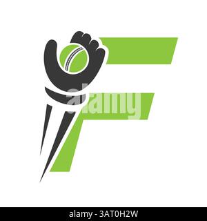 Logo de cricket sur la lettre F concept avec le signe de vitesse, la main et le symbole de boule de cricket vecteur et modèle Illustration de Vecteur