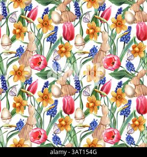 Aquarelle de Pâques sans couture, motif répété avec jonquilles jaunes, narcissi, tulipes roses, jacinthe de raisin bleu, muscari, décoration lapin en bois, oeufs Banque D'Images