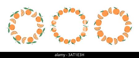 Ensemble de cadres de fruits. Modèle de conception orange, espace de copie. Mignon fruits dessinés à la main cadre rond dans le style doodle. Modèle circulaire. Cercle de fruits dessiné à la main Illustration de Vecteur