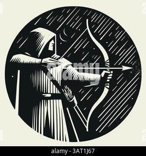 Archer mystique la nuit. Un archer à capuche vise sous un ciel étoilé, rayonnant une aura de mystère. Convient pour les thèmes de la fantaisie, de l'aventure et de l'habileté dans Illustration de Vecteur