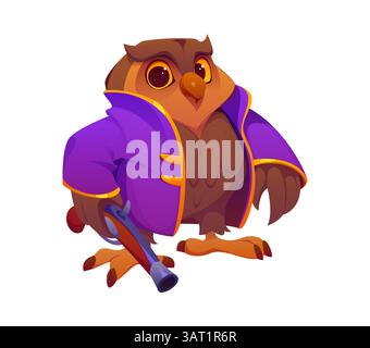 Capitaine pirate animal hibou de bande dessinée et personnage de marin corsaire portant un manteau violet marine et tenant un pistolet. Oiseau de chouette vecteur isolé aventurier Swas Illustration de Vecteur