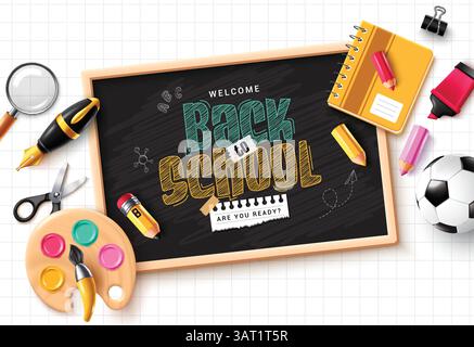 Retour à l'école Blackboard Clipart design. Texte de salutation scolaire en clip art de tableau noir avec des éléments éducatifs pour l'enseignant et les élèves Illustration de Vecteur