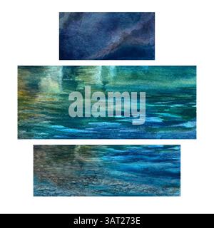 Illustrations aquarelles de diverses textures d'eau de mer bleu émeraude avec des reflets et des reflets. Gabarit peint à la main. Parfait pour la conception de jeux, f Banque D'Images
