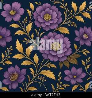 Motif floral vintage élégant – pivoines pourpres sans couture avec feuillage doré sur fond sombre pour la conception de textile et de papier peint Banque D'Images