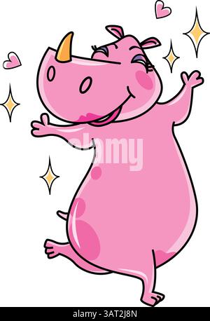 Joyeuse danse rose Rhino dessin animé Illustration de Vecteur