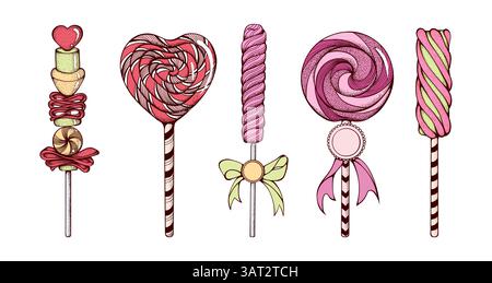 Vintage Lollipops ensemble dessiné à la main, éléments isolés vectoriels colorés, tourbillons, arcs, détails complexes. Doux Nostalgic Candy Line Art pour l'emballage Illustration de Vecteur
