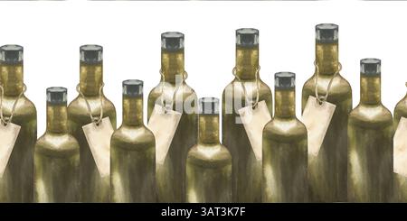 Bouteilles en verre vert avec bouchon noir et bordure sans couture d'étiquette en papier suspendue. Fond d'ustensiles de cuisine avec illustration de pot d'huile ou de vin pour Banque D'Images