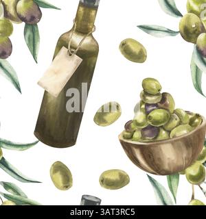 Motif sans couture végétalien de nourriture grecque avec bouquet d'olives, fruits d'olive et illustration de bouteille d'huile en verre vert. Fond vert floral dessiné à la main avec des légumes Banque D'Images