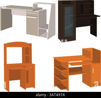 Collection de divers meubles en bois armoires et bureaux. Bureaux d'ordinateur isolés sur fond blanc Illustration de Vecteur