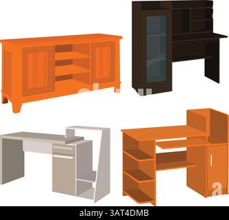 Sélection de divers bureaux en bois pour la maison ou le bureau. Collection de bureaux pour l'animation de dessins animés Illustration de Vecteur