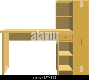 Bureau d'étude en bois avec étagères et armoire de rangement. Illustration vectorielle de table d'ordinateur isolée Illustration de Vecteur
