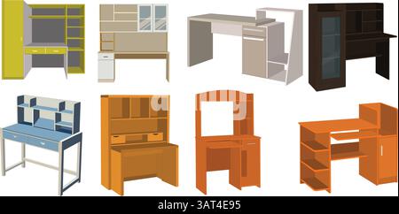 Une collection de différents bureaux de couleur et bureaux d'ordinateur. Les bureaux sont tous de différentes formes et tailles Illustration de Vecteur