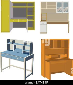 Ensemble d'illustration vectorielle de table d'étude isolé sur fond blanc. Collection d'ordinateurs de bureau Illustration de Vecteur