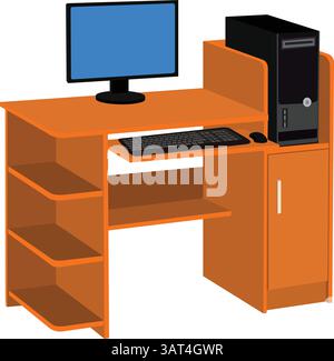 Bureau avec tour de processeur moniteur, clavier et souris. Bureau d'étude avec bureau isolé. Table de bureau en bois orange avec CPU et moniteur Illustration de Vecteur