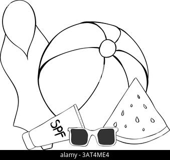 Maillot de bain, ballon d'été, crème SPF, lunettes de soleil, composition de tranches de pastèque. Illustration vectorielle d'encre de ligne graphique. Éléments lumineux de la fête été. ESS Illustration de Vecteur
