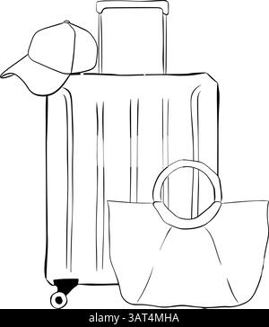 Valise de roue moderne, casquette, composition de sac d'été. Illustration d'encre de ligne graphique vectorielle isolée sur fond blanc. Feuille de coloriage pour stress Relie Illustration de Vecteur