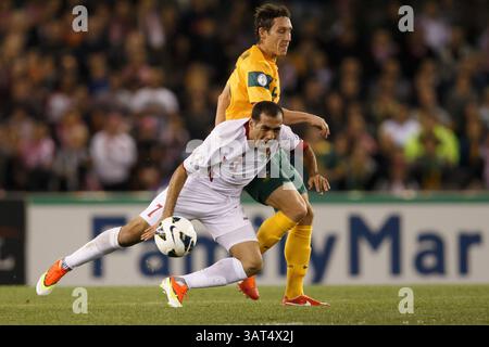 11 juin 2013 - Etihad Stadium, Victoria, Australie - Amer DEEB, de Jordanie, réagit à un match de qualification pour la Coupe du monde FIFA 2014 de la quatrième ronde entre l'Australie et la Jordanie au stade Etihad, Melbourne, Australie. (Crédit image : © Sydney Low/ZUMAPRESS.com) Banque D'Images