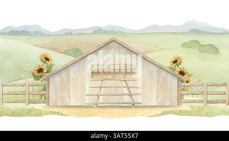 Paysage de ferme avec poulailler, échelle perchée, clôture en bois et illustration aquarelle de tournesols isolé sur blanc. Poulailler rural avec Banque D'Images