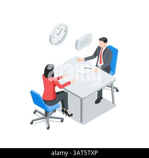 homme d'affaires vectoriel isométrique parlant à une femme assise à table dans le bureau, en couleur sur fond blanc, conversation d'affaires ou discussion Illustration de Vecteur