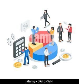 les gens d'affaires vectoriels isométriques analysant piechart, en couleur sur un fond blanc, la recherche de données statistiques et le travail d'équipe professionnel Illustration de Vecteur