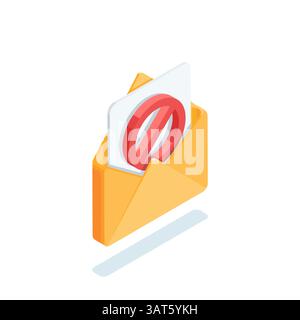 signe d'interdiction de vecteur isométrique dans l'enveloppe, en couleur sur fond blanc, spam ou contenu dangereux de lettre Illustration de Vecteur