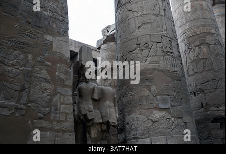 L'intérieur du temple égyptien antique présente des colonnes de pierre finement sculptées et une statue d'un pharaon ou d'une divinité. Les murs sont ornés de hiéroglyphes Banque D'Images
