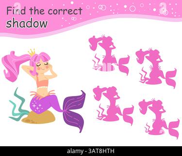 Trouvez le personnage de sirène mignonne de l'ombre correct. Jeu éducatif d'appariement pour enfants. Trouvez la silhouette correcte. Activité, jeu de logique, feuille de travail imprimable Illustration de Vecteur