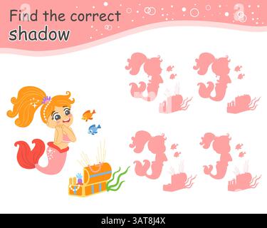 Trouvez le personnage de sirène mignonne de l'ombre correct. Jeu éducatif d'appariement pour enfants. Trouvez la silhouette correcte. Activité, jeu de logique, feuille de travail imprimable Illustration de Vecteur