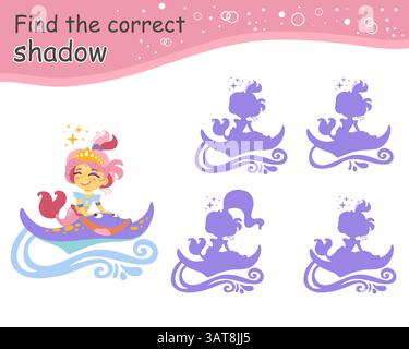 Trouvez le personnage de sirène mignonne de l'ombre correct. Jeu éducatif d'appariement pour enfants. Trouvez la silhouette correcte. Activité, jeu de logique, feuille de travail imprimable Illustration de Vecteur