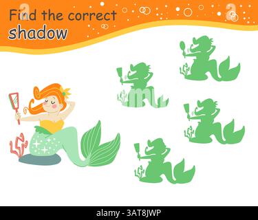 Trouvez le personnage de sirène mignonne de l'ombre correct. Jeu éducatif d'appariement pour enfants. Trouvez la silhouette correcte. Activité, jeu de logique, feuille de travail imprimable Illustration de Vecteur