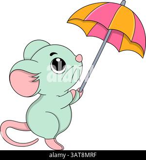 Adorable personnage de souris de dessin animé vert tenant un parapluie rose vif et orange avec une expression douce et curieuse Illustration de Vecteur